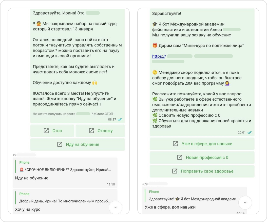 Пример сообщений от чат-бота с кнопками